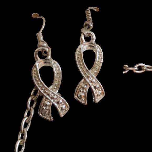 Pink Rhinestone Ribbon Necklace & Earring Set Breast Cancer Awareness Jewelry - Picture 2 of 6